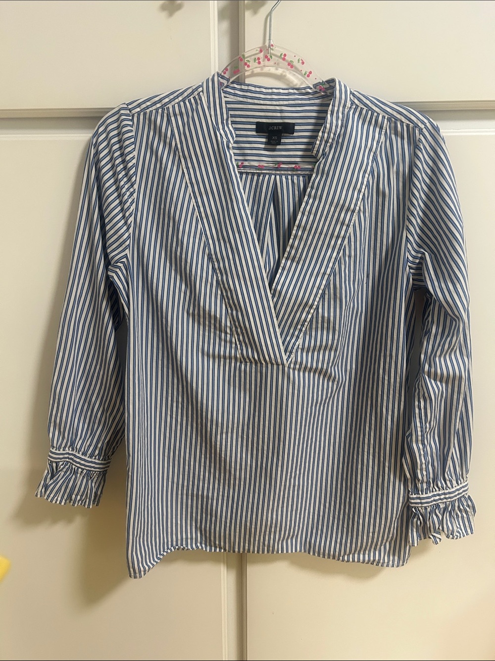 J. Crew Navy and White Striped V-Neck Popover Blouse